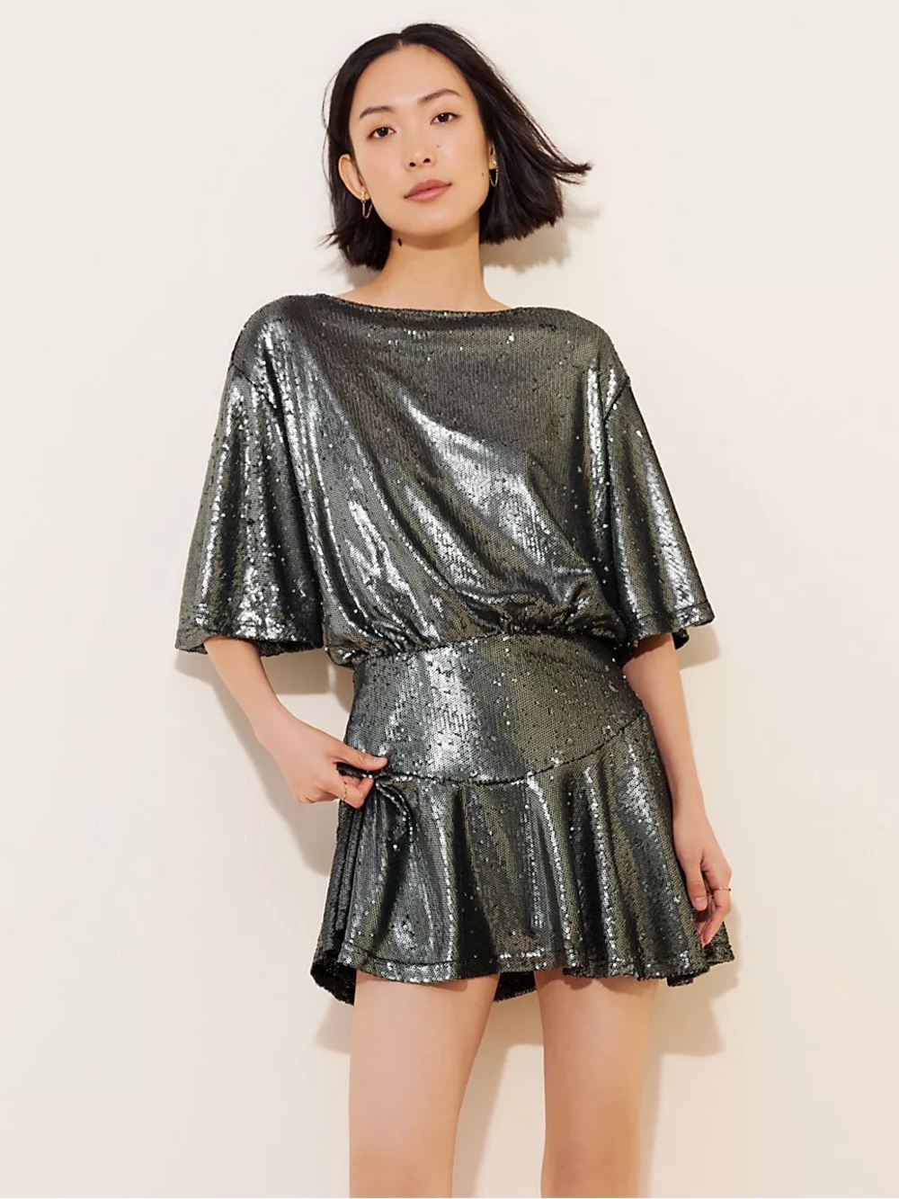Free People Sequin Mini Dress Size Medium Silver Black Batwing Flawed AS-IS